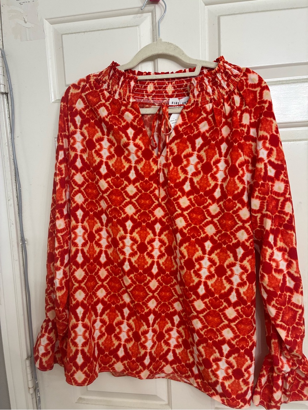 First Love Red & White Patterned Long-Sleeve Peasant Blouse